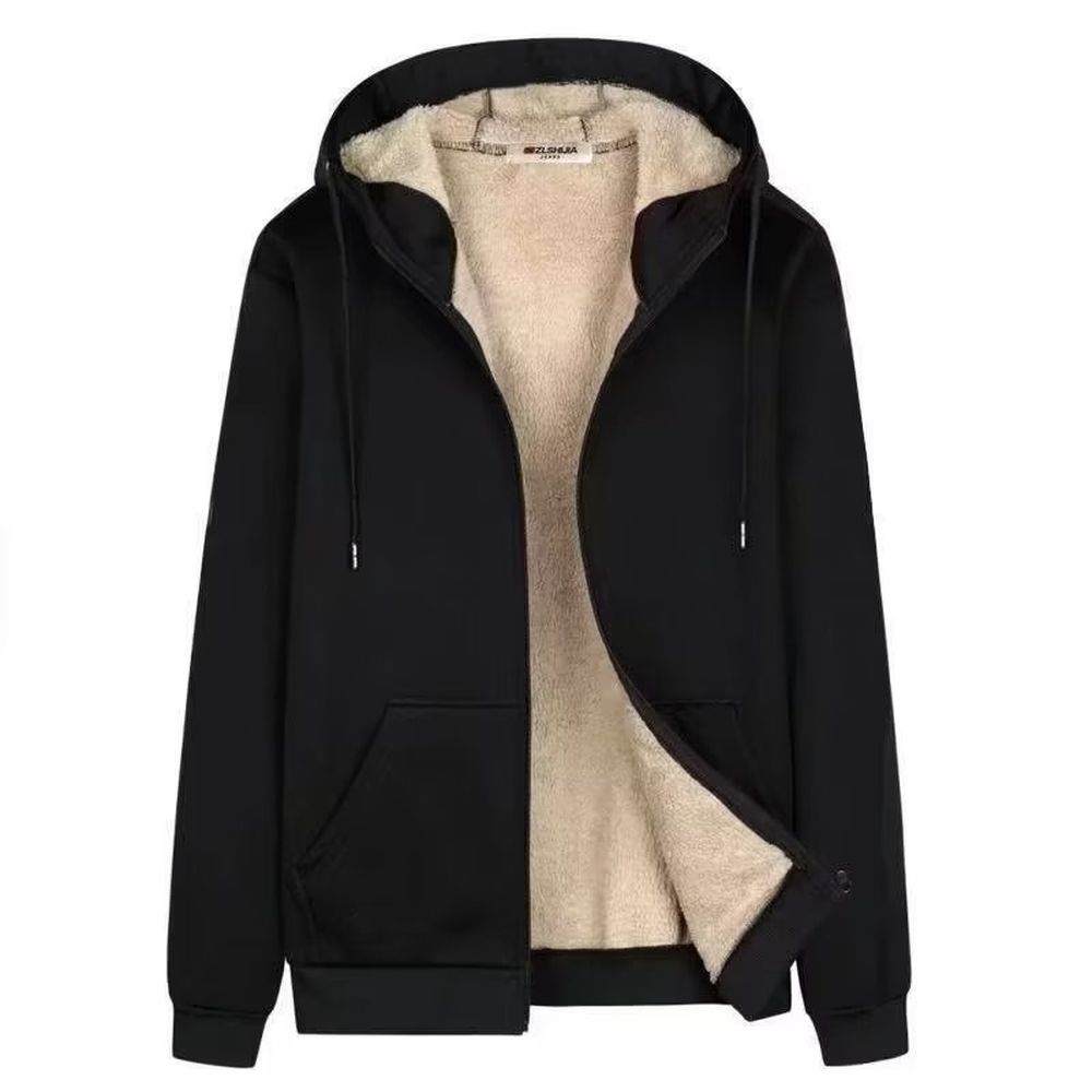 Men's Fleece-lined Black Jacket Oversized Loose-fitting Zip-up Hooded Sweatshirt